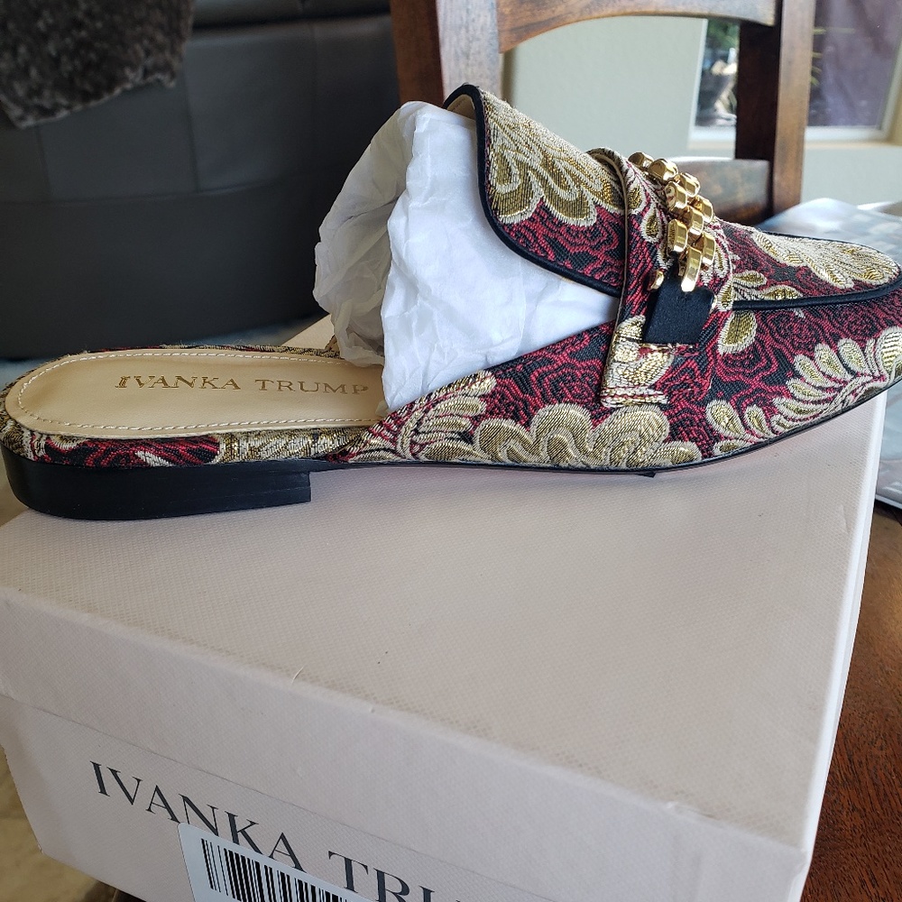 Ivanka Trump Warda Red/Gold Brocade/Satin Mules